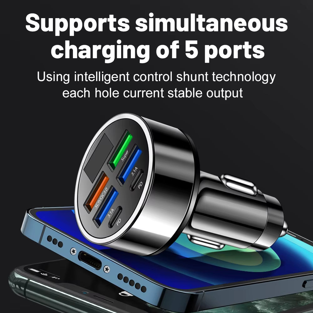 100W 6 Port Car Charger With Fast Charging - Type C Adapter in Car for Iphone Samsung Huawei Xiaomi Etc.