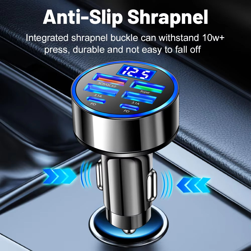 100W 6 Port Car Charger With Fast Charging - Type C Adapter in Car for Iphone Samsung Huawei Xiaomi Etc.