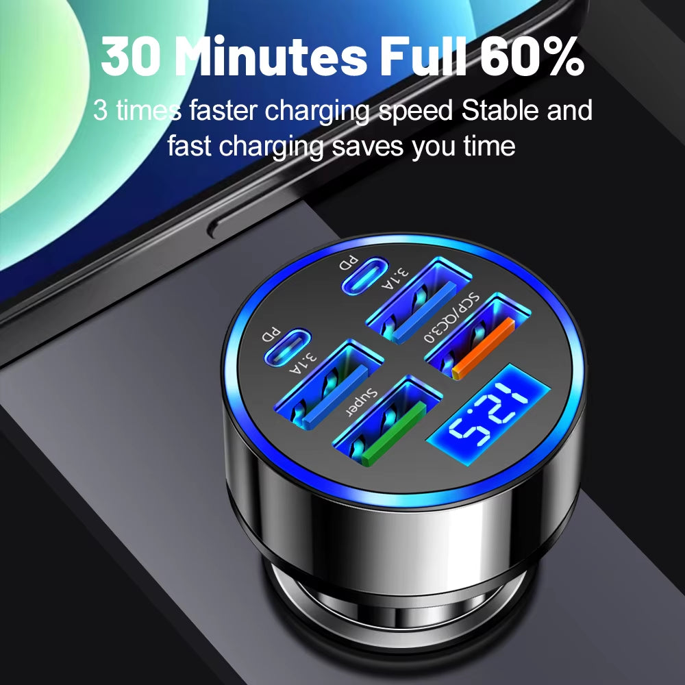 100W 6 Port Car Charger With Fast Charging - Type C Adapter in Car for Iphone Samsung Huawei Xiaomi Etc.