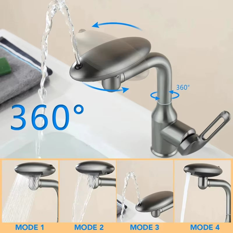 Elegant 4-Mode Waterfall Bathroom Faucet – 360° Rotating Spray Tap with Hot & Cold Mixer