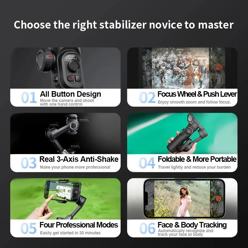 π± 3-Axis Smartphone Gimbal Stabilizer β AI Face Tracking, Auto Mode, Vlogging Tool for iPhone & Android