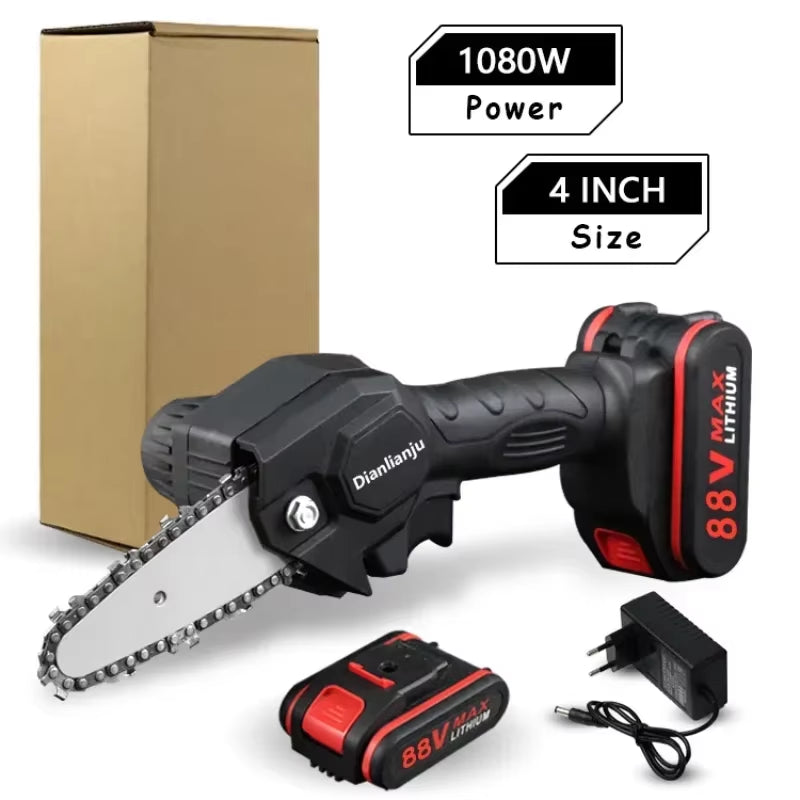 Powerful 1080W Mini Chainsaw – 4-Inch 88VF Cordless Electric Saw with Upgraded Battery for Wood Cutting, Pruning & Garden Work