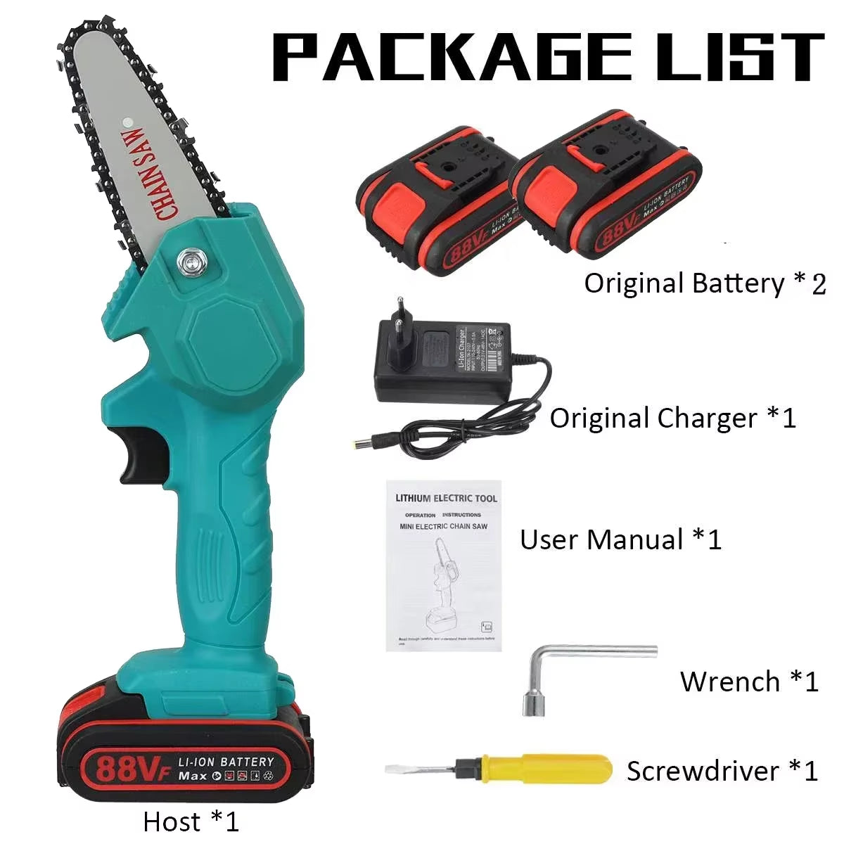 Powerful 1080W Mini Chainsaw – 4-Inch 88VF Cordless Electric Saw with Upgraded Battery for Wood Cutting, Pruning & Garden Work