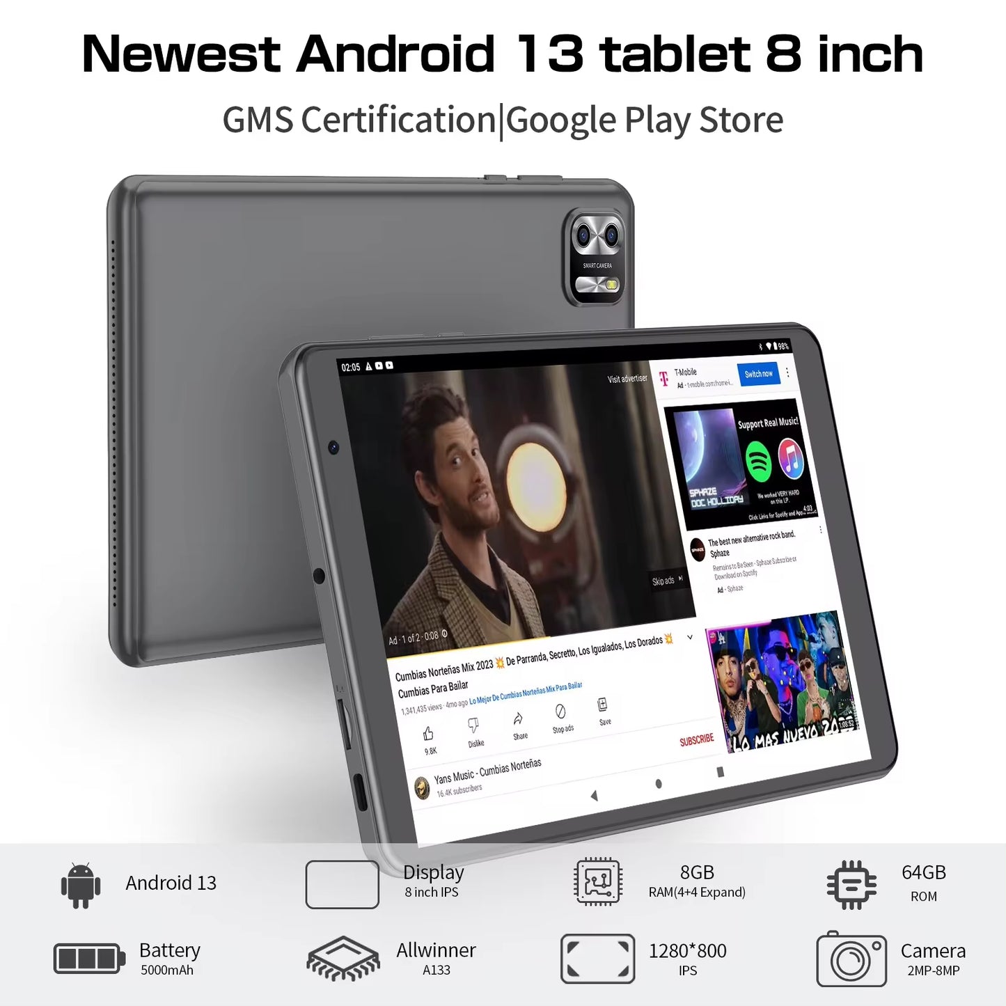 8" Android 13 Tablet – 8GB RAM, 64GB Storage, 1TB Expandable, HD Display, 5000mAh Battery