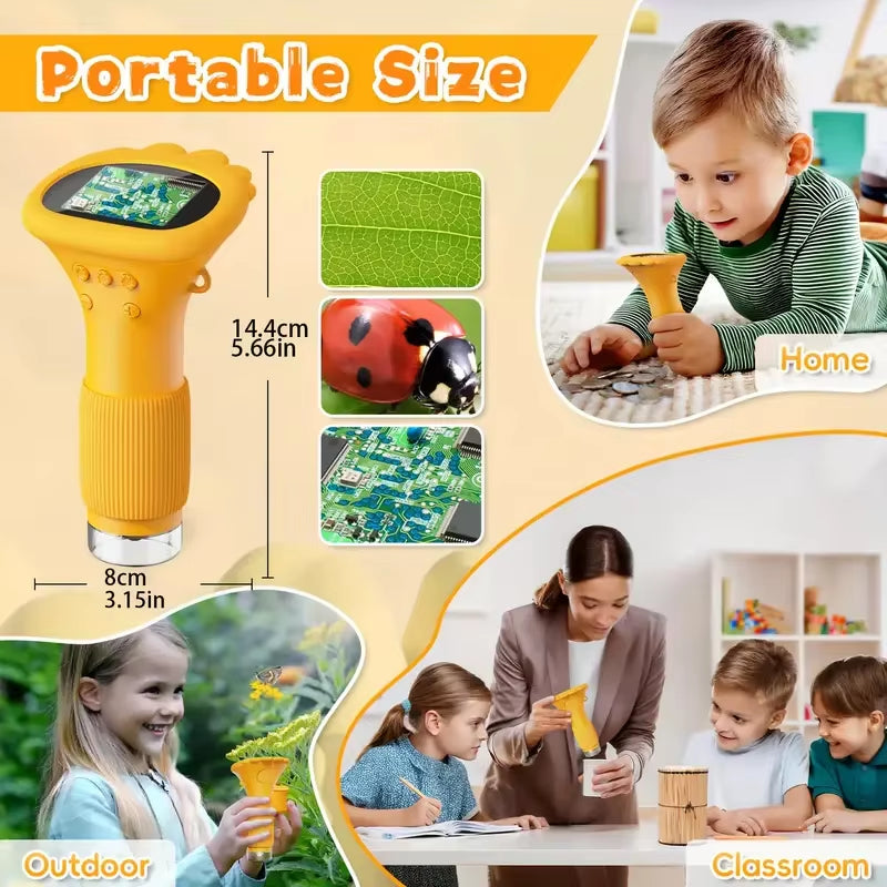Children’s Digital Microscope – 1000X HD Display Screen Microscope with LED Light, Camera & Video (Yellow)