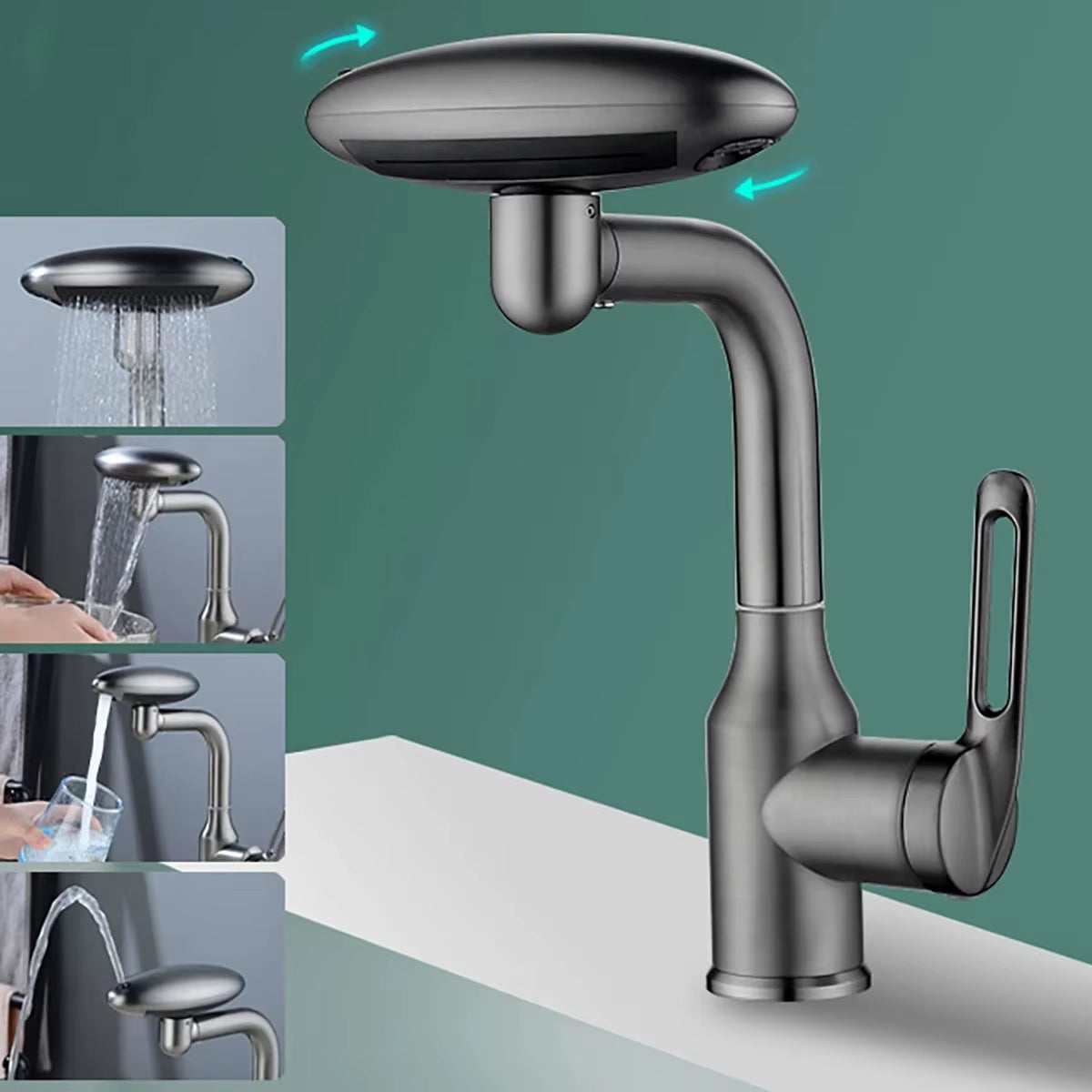 Elegant 4-Mode Waterfall Bathroom Faucet – 360° Rotating Spray Tap with Hot & Cold Mixer