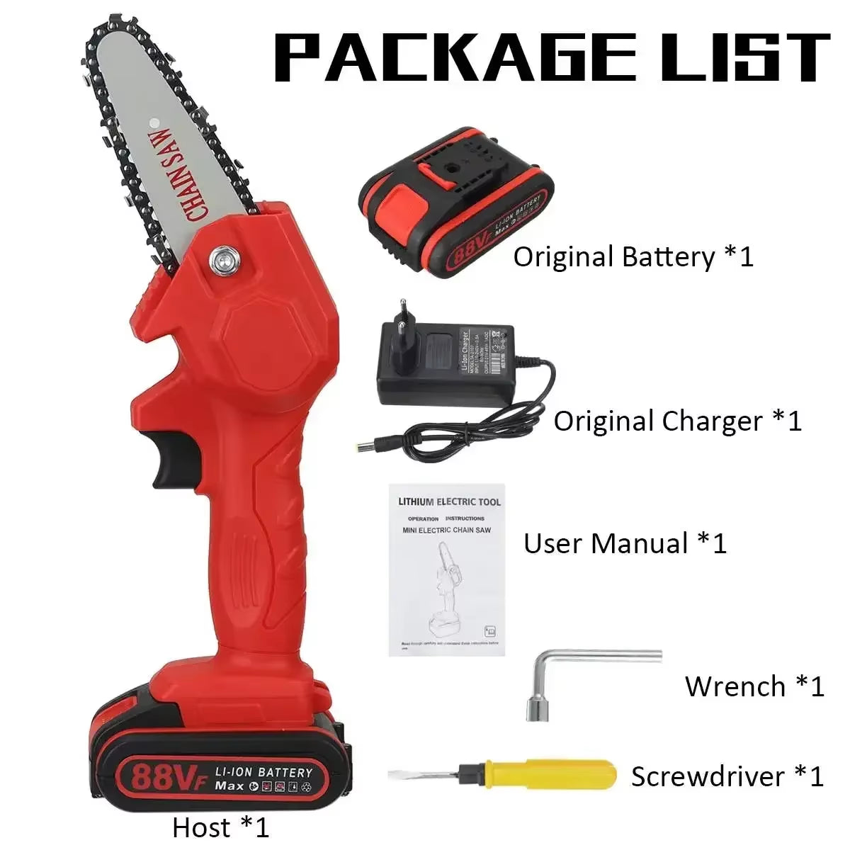 Powerful 1080W Mini Chainsaw – 4-Inch 88VF Cordless Electric Saw with Upgraded Battery for Wood Cutting, Pruning & Garden Work