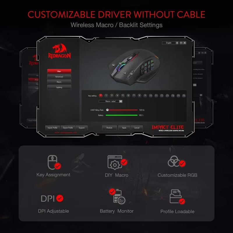 ⚡ M913 High-Performance Gaming Mouse – 16 Programmable Buttons, 16000 DPI, Wired + 2.4GHz Wireless, RGB