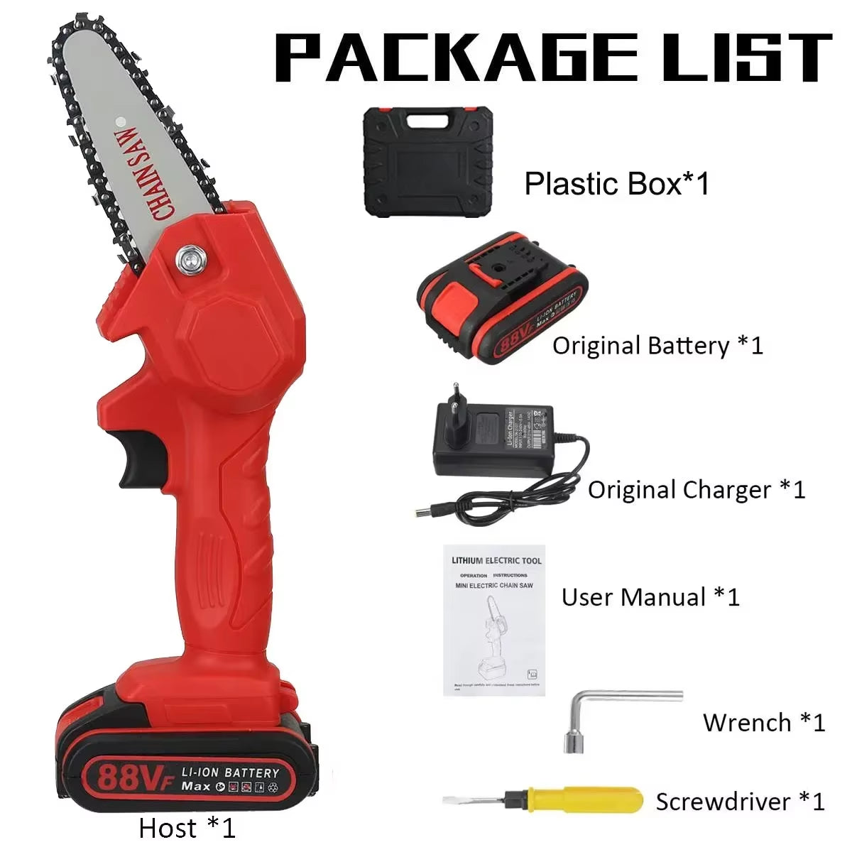 Powerful 1080W Mini Chainsaw – 4-Inch 88VF Cordless Electric Saw with Upgraded Battery for Wood Cutting, Pruning & Garden Work