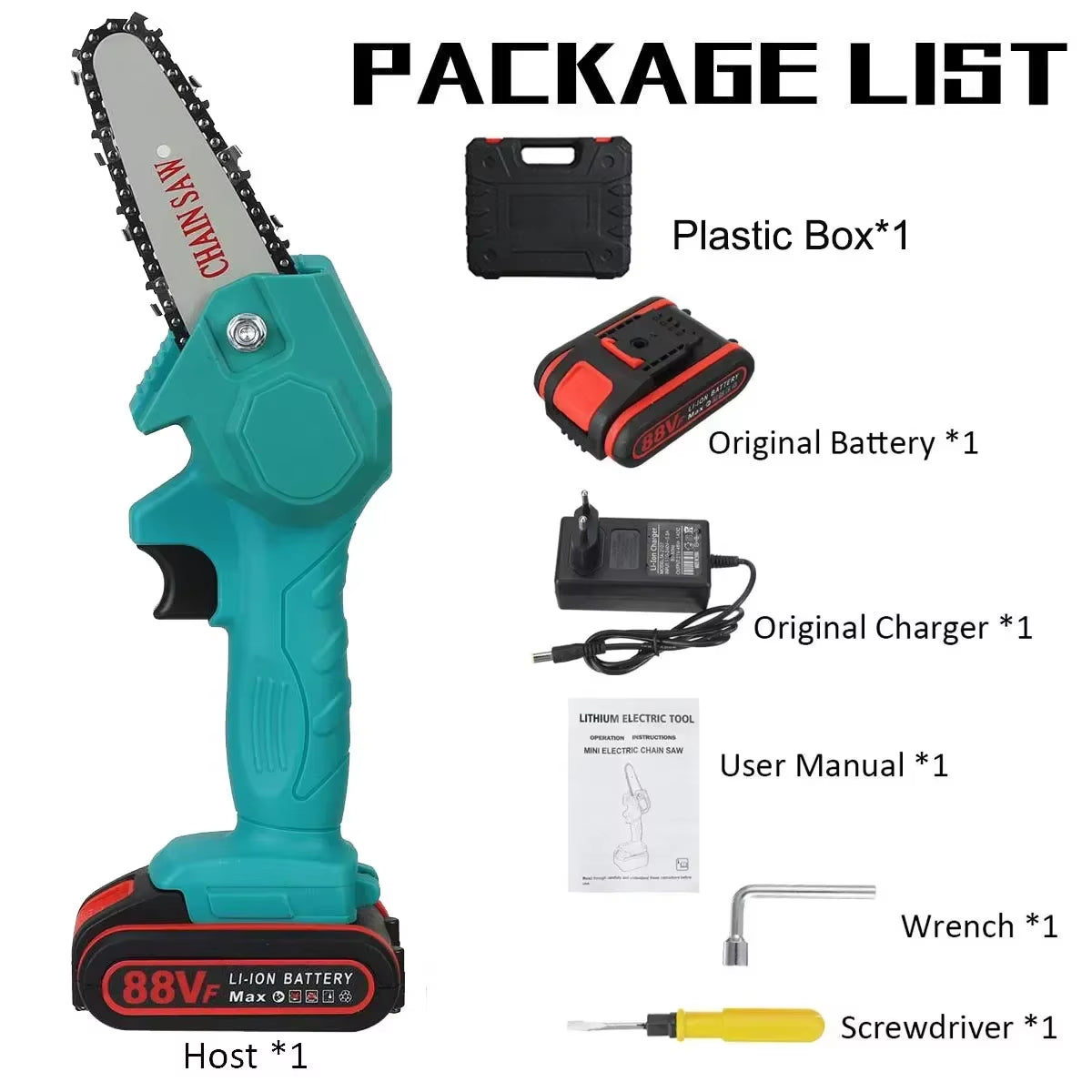 Powerful 1080W Mini Chainsaw – 4-Inch 88VF Cordless Electric Saw with Upgraded Battery for Wood Cutting, Pruning & Garden Work