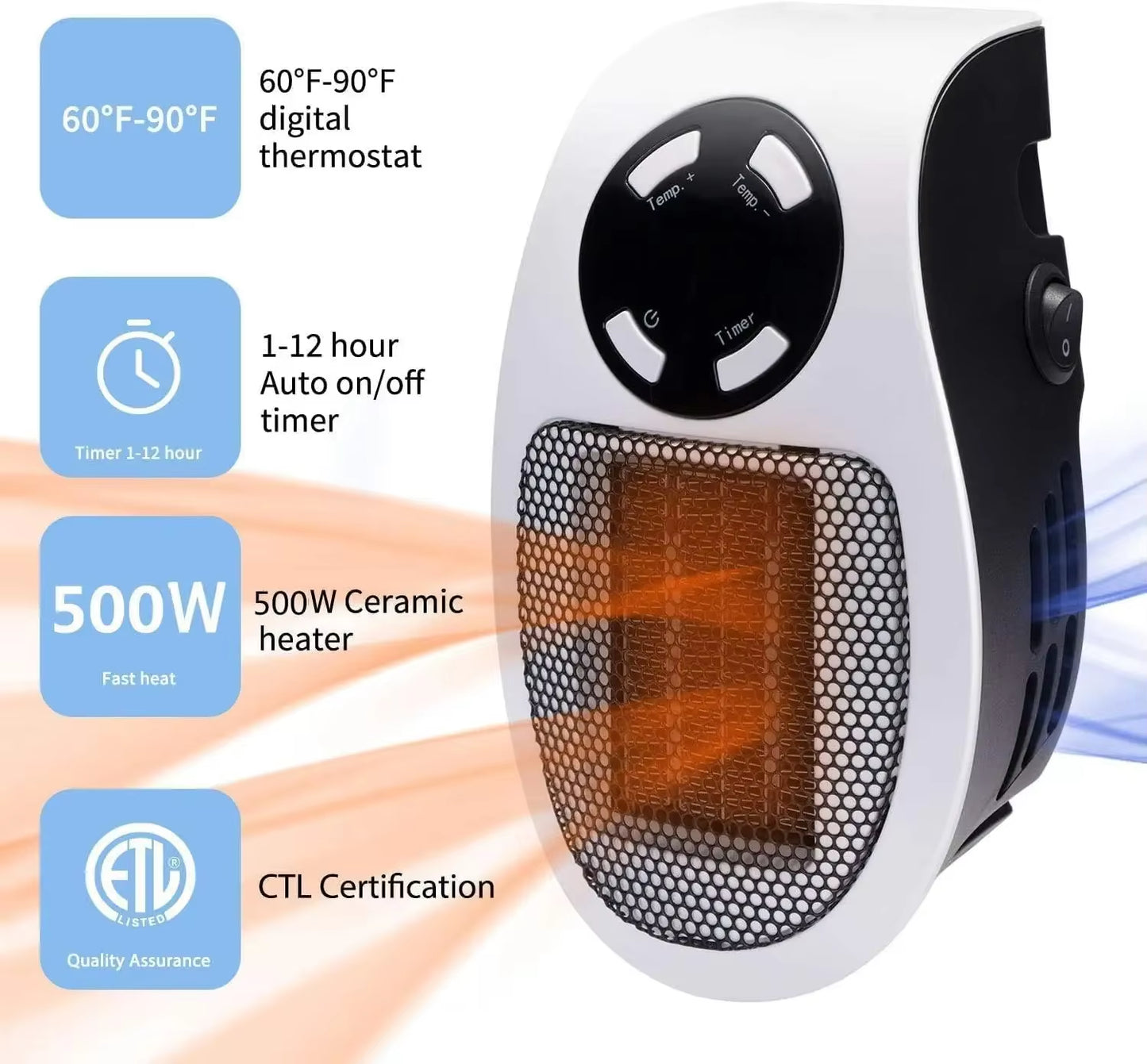 500W Smart Wall Outlet Electric Heater – Adjustable Thermostat, Timer & LED Display Plug-In Space Heater