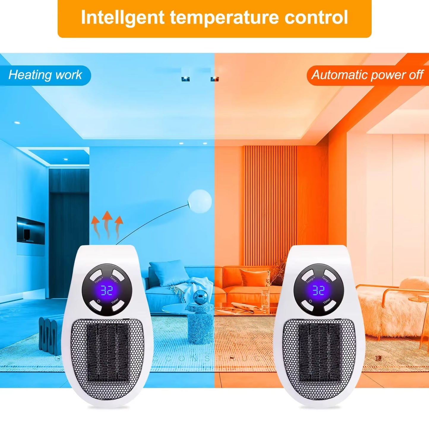 500W Smart Wall Outlet Electric Heater – Adjustable Thermostat, Timer & LED Display Plug-In Space Heater