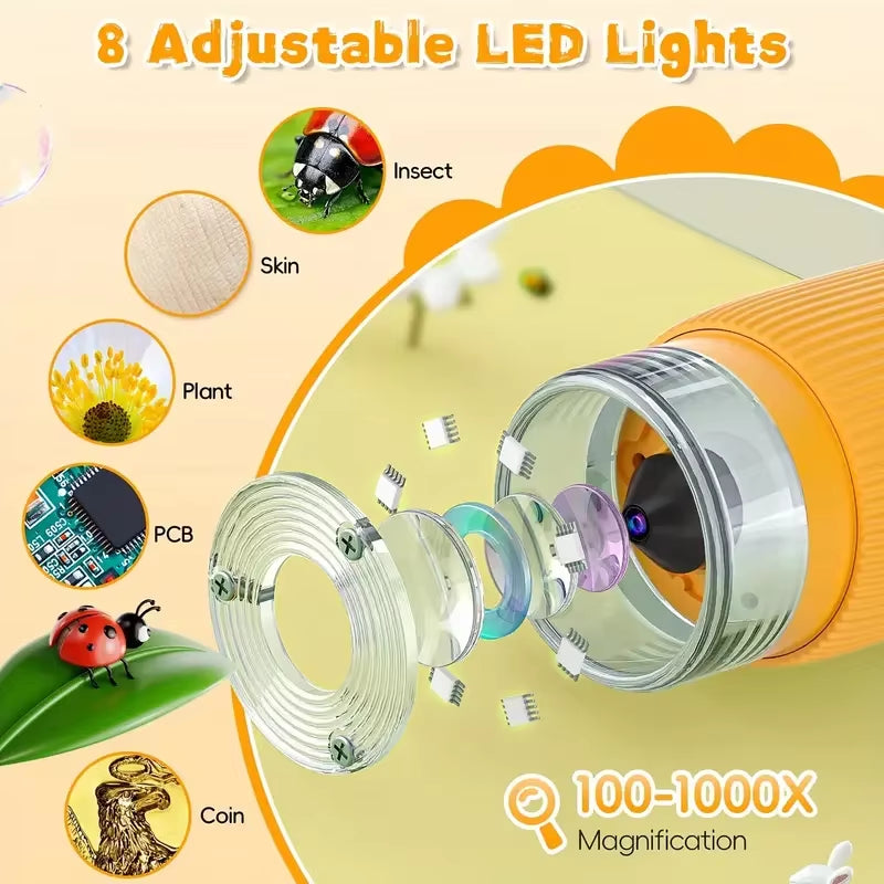 Children’s Digital Microscope – 1000X HD Display Screen Microscope with LED Light, Camera & Video (Yellow)