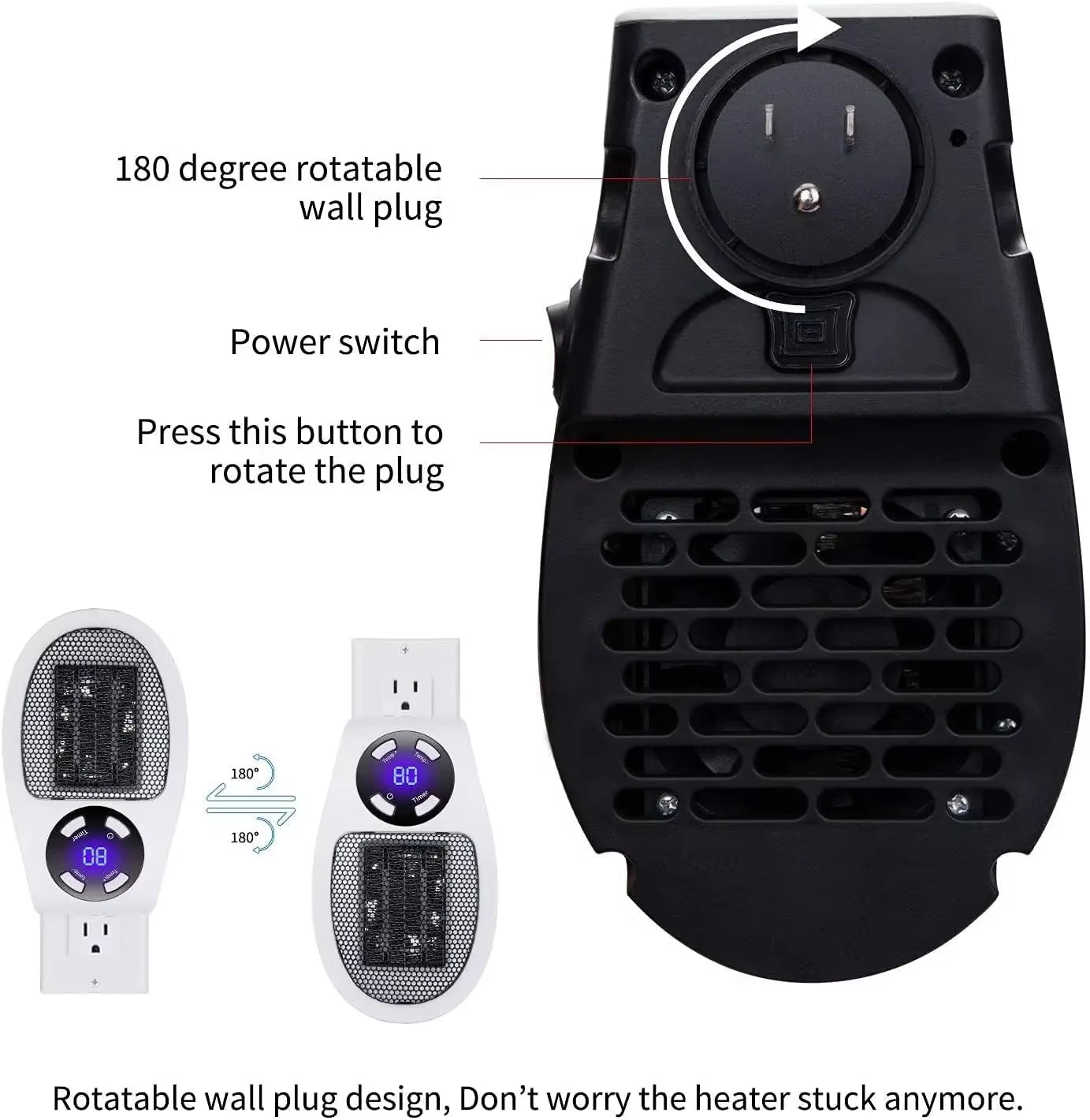 500W Smart Wall Outlet Electric Heater – Adjustable Thermostat, Timer & LED Display Plug-In Space Heater