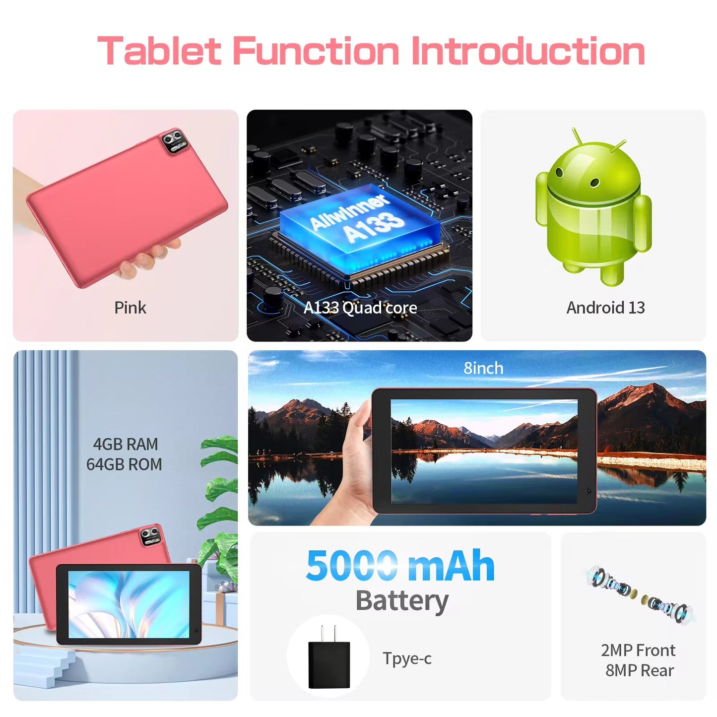 8" Android 13 Tablet – 8GB RAM, 64GB Storage, 1TB Expandable, HD Display, 5000mAh Battery