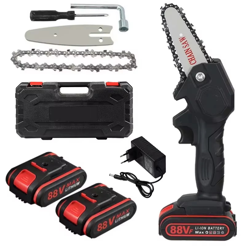 Powerful 1080W Mini Chainsaw – 4-Inch 88VF Cordless Electric Saw with Upgraded Battery for Wood Cutting, Pruning & Garden Work