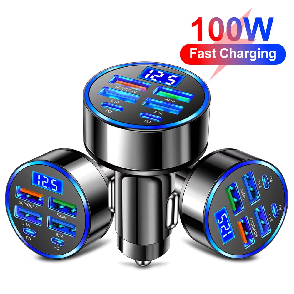 100W 6 Port Car Charger With Fast Charging - Type C Adapter in Car for Iphone Samsung Huawei Xiaomi Etc.