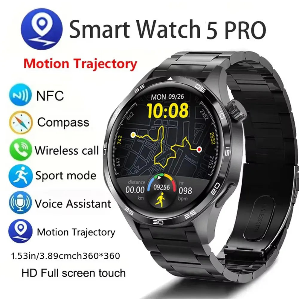 Watch 5 Pro Smartwatch (2024) – Men's smartwatch featuring an AMOLED HD screen, Bluetooth calling, GPS tracking, NFC, heart rate monitor, and compass.