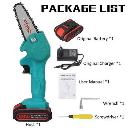 Powerful 1080W Mini Chainsaw – 4-Inch 88VF Cordless Electric Saw with Upgraded Battery for Wood Cutting, Pruning & Garden Work