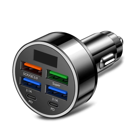 100W 6 Port Car Charger With Fast Charging - Type C Adapter in Car for Iphone Samsung Huawei Xiaomi Etc.