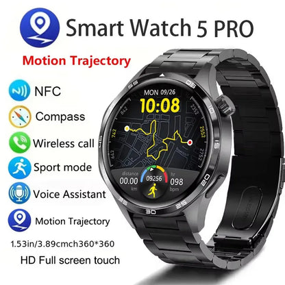 Watch 5 Pro Smartwatch (2024) – Men's smartwatch featuring an AMOLED HD screen, Bluetooth calling, GPS tracking, NFC, heart rate monitor, and compass.